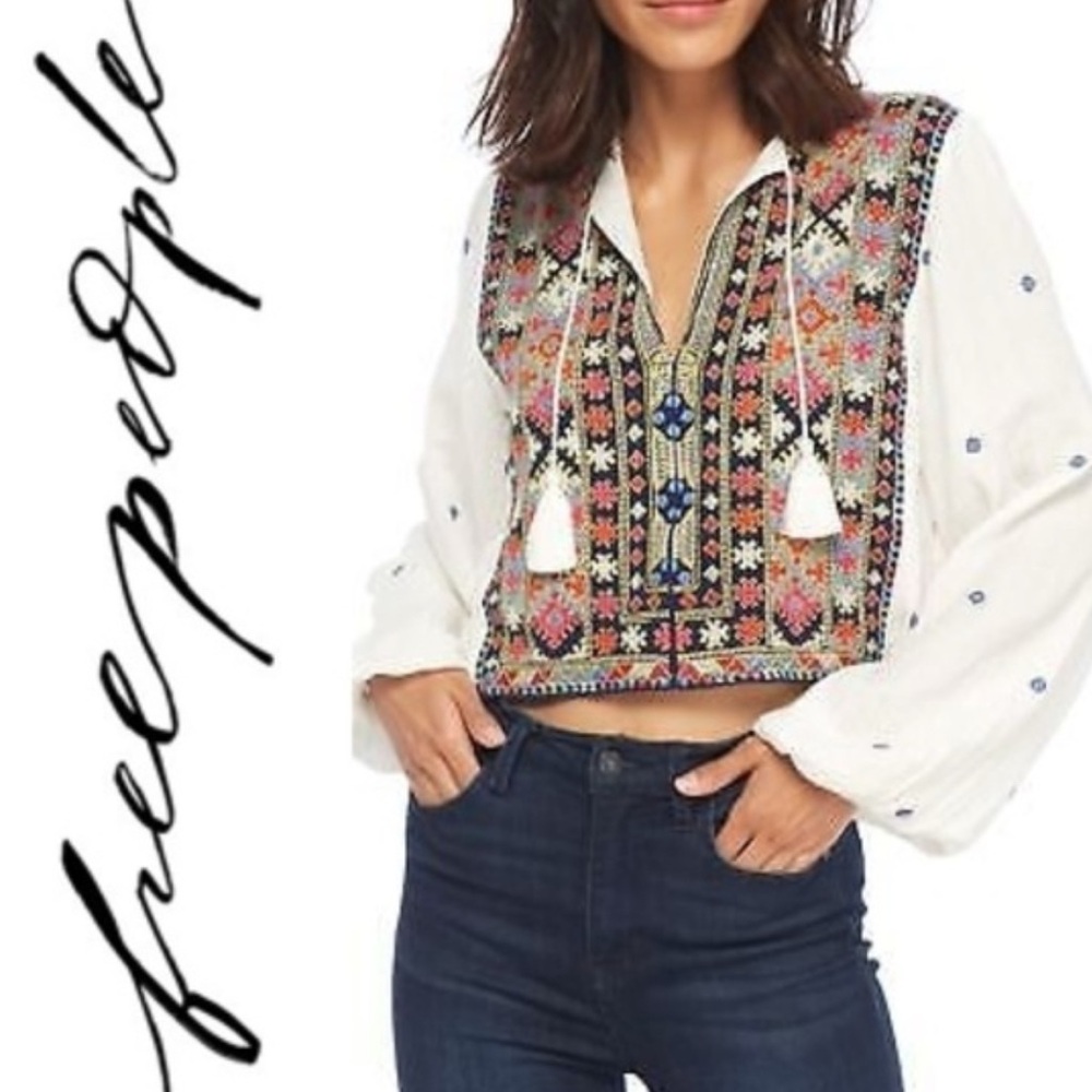 Free People “Enter Loveland” Embroidered Peasant Top — Size L